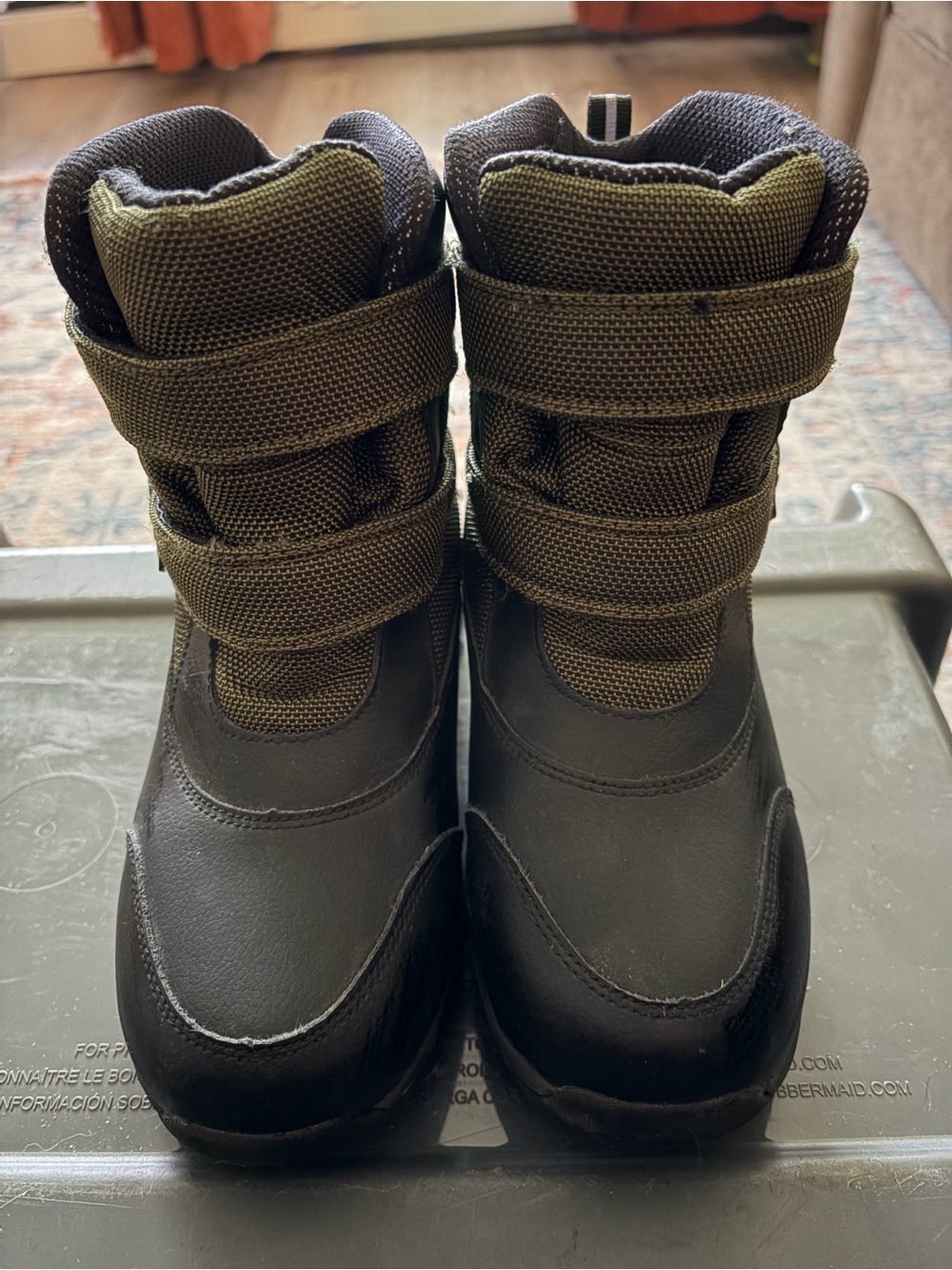Kids Waterproof Black and Olive Green Snow Boots with Hook-and-Loop Straps